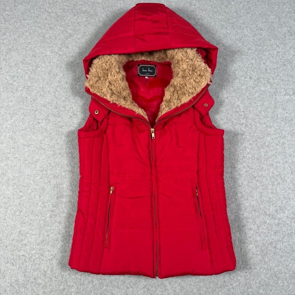 Love Tree Red Puffer Vest Faux Fur Hooded Sleeveless Jacket Small Outdoor Fall